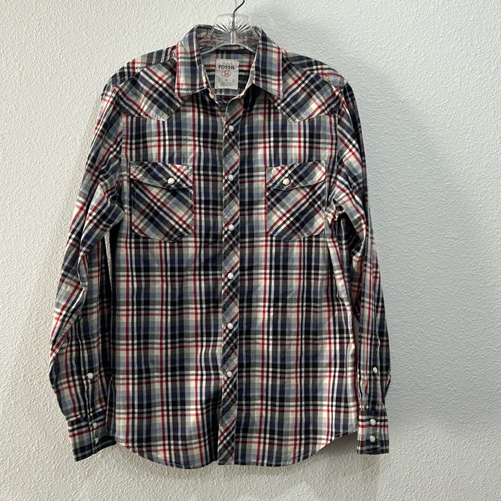 Fossil 54 Men's Vintage Fit Pearl Snap Long Sleeve Western Plaid Shirt Size Sm